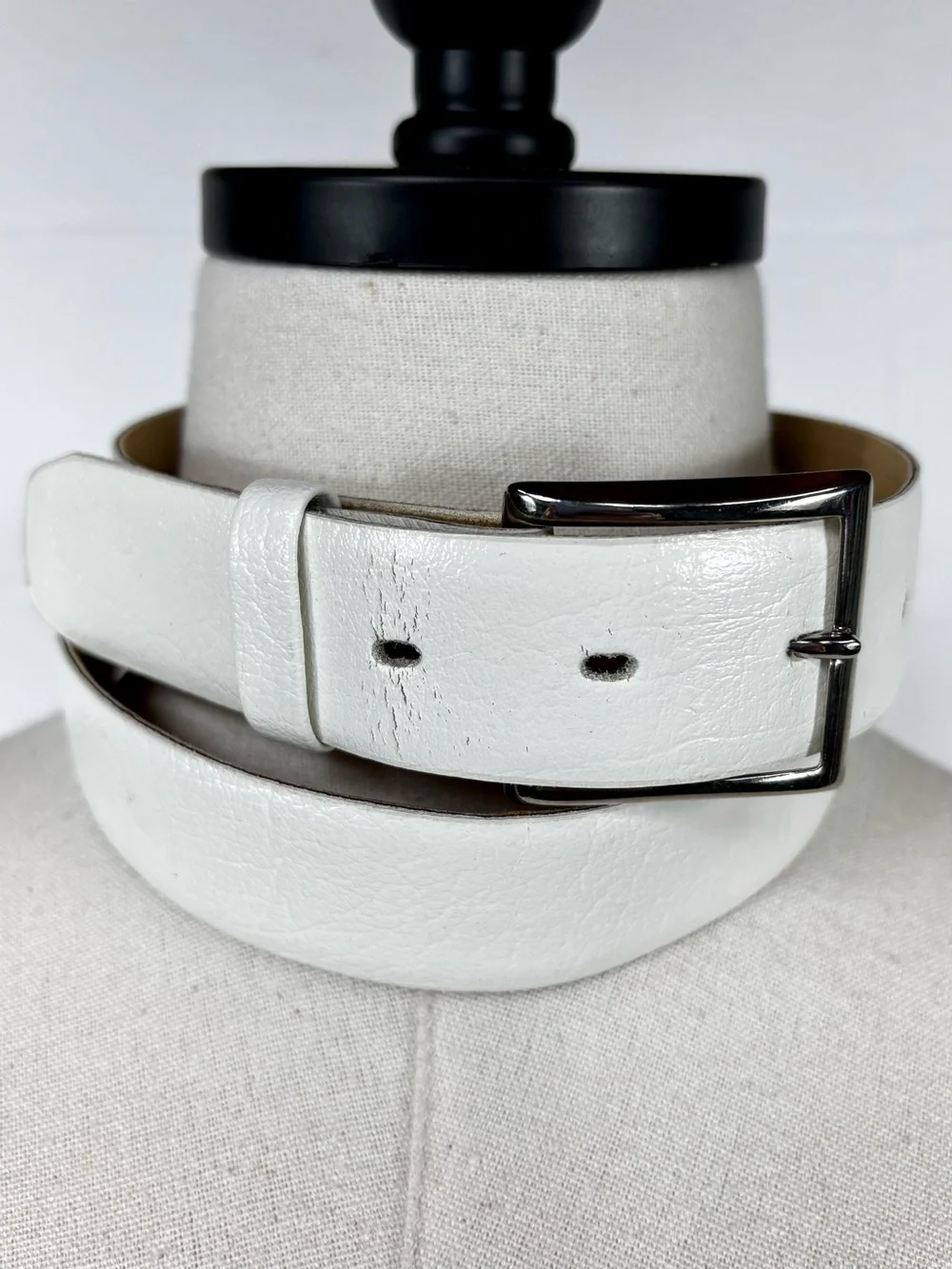 Vintage 70s White Belt Glove Split Leather Removable Silver Buckle Mod Hippie 34